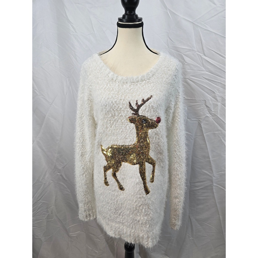 Joyland Womens White Eyelash Knit Reindeer Sequin Holiday Sweater Large